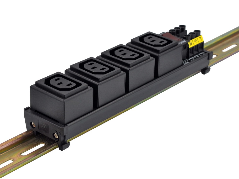 DIN Rail Mount AC 250V IEC320 C13 4 Receptacle Outlet Power Strip Module, with Rocker Switch Thermal Circuit Breaker Overload Protector