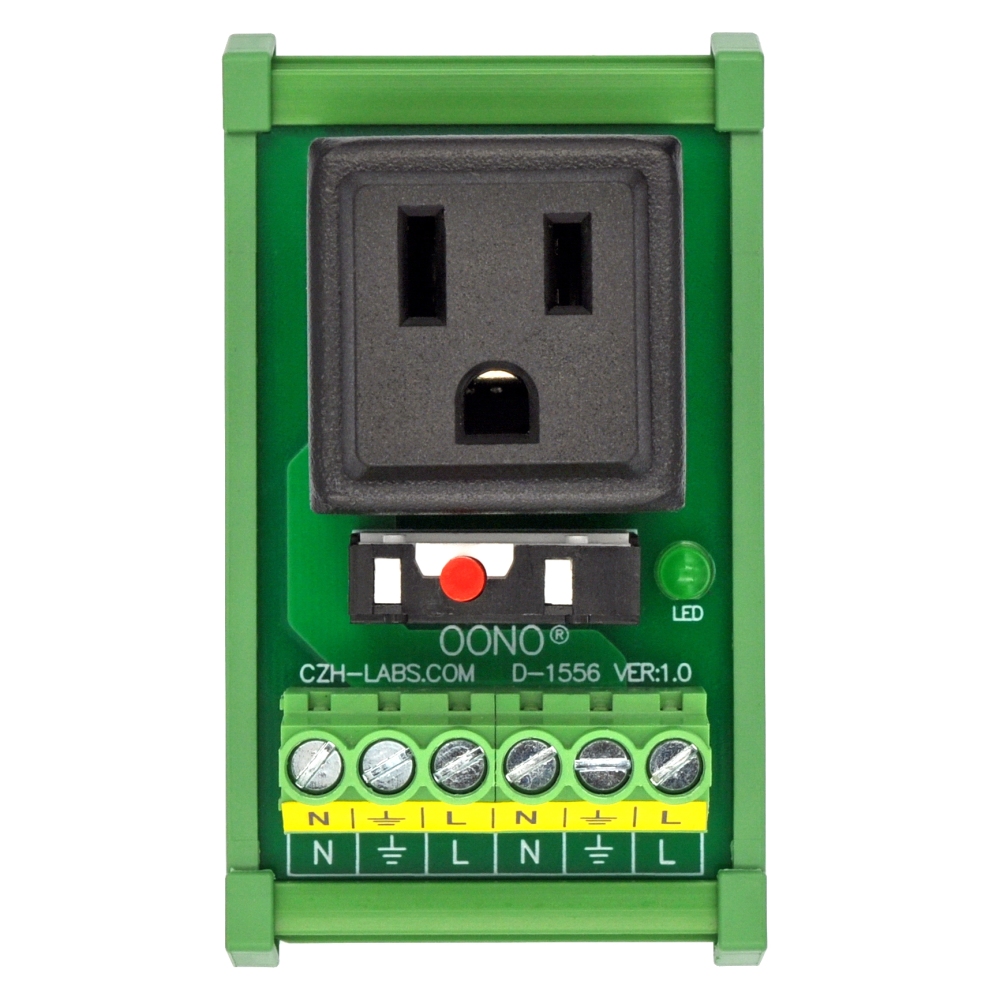 DIN Rail Mount AC 120V NEMA 5-15R Receptacle Outlet Power Module, with Resettable 6 Amp Circuit Breaker