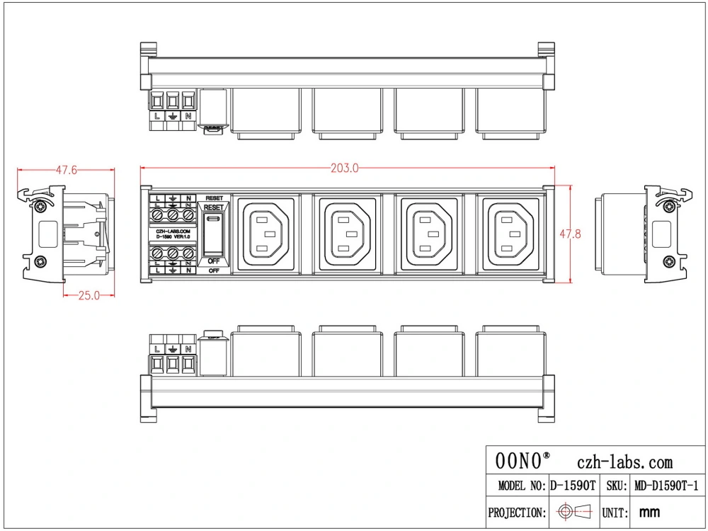 DIN Rail Mount AC 250V IEC320 C13 4 Receptacle Outlet Power Strip ...