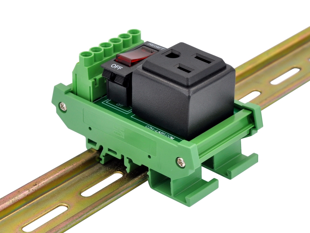 DIN Rail Mount AC 120V NEMA 5-15R Receptacle Outlet Power Module, with Rocker Switch Thermal Circuit Breaker Overload Protector