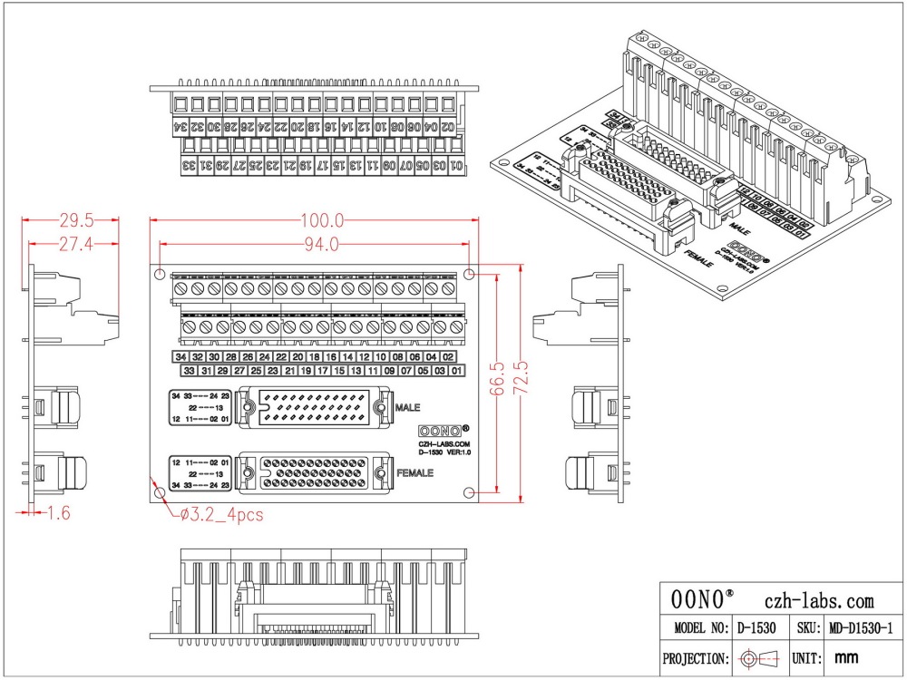 MR34 Male-Female Breakout Board Terminal Block Interface Module, MR-34RMD2 MR-34RFD2