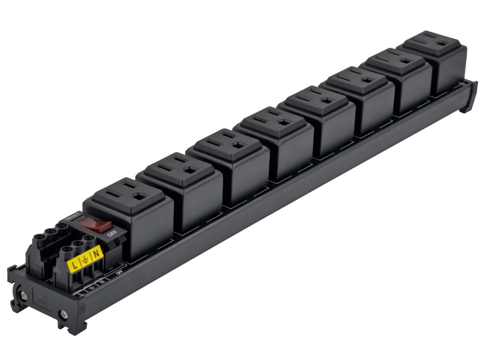 DIN Rail Mount AC 120V NEMA 5-15R 8 Receptacles Outlet Power Strip Module, with Rocker Switch Thermal Circuit Breaker Overload Protector