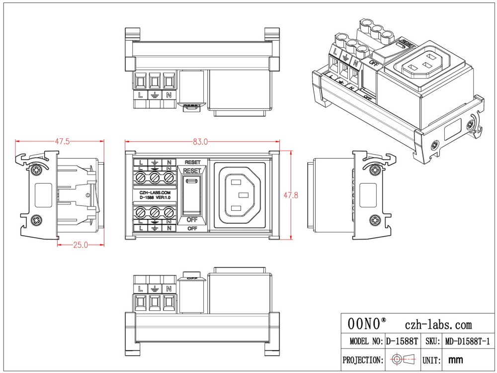 DIN Rail Mount AC 250V IEC320 C13 Single Receptacle Outlet Power Strip Module, with Rocker Switch Thermal Circuit Breaker Overload Protector
