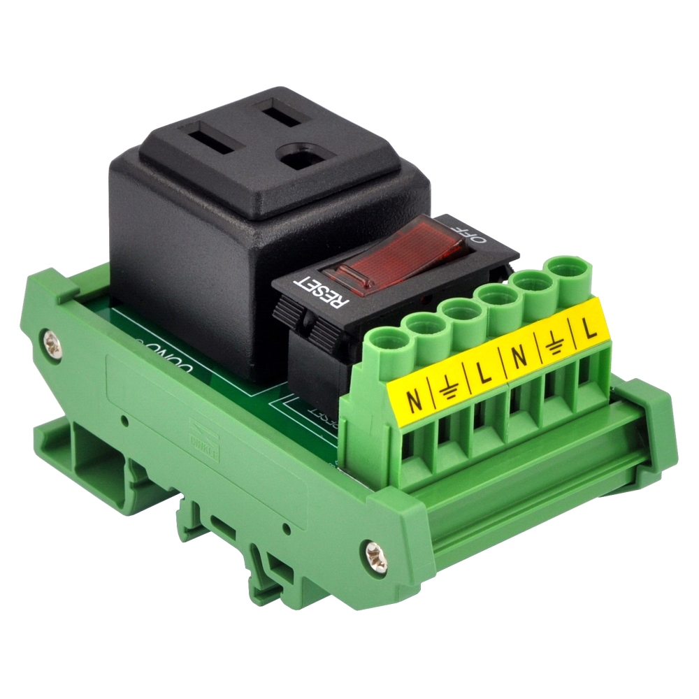 DIN Rail Mount AC 120V NEMA 5-15R Receptacle Outlet Power Module, with Rocker Switch Thermal Circuit Breaker Overload Protector