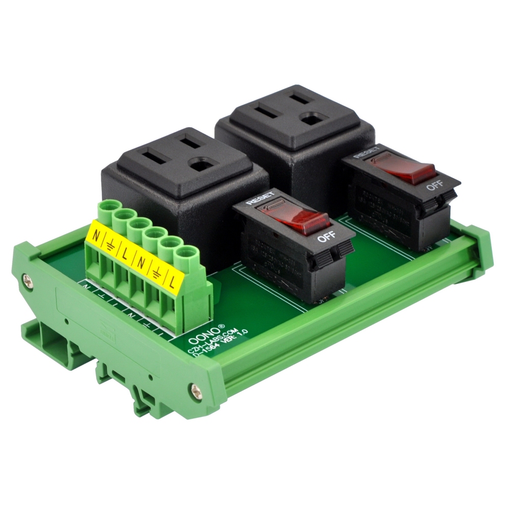 DIN Rail Mount AC 120V NEMA 5-15R 2 Receptacle Outlet Power Module, with Rocker Switch Thermal Circuit Breaker Overload Protector