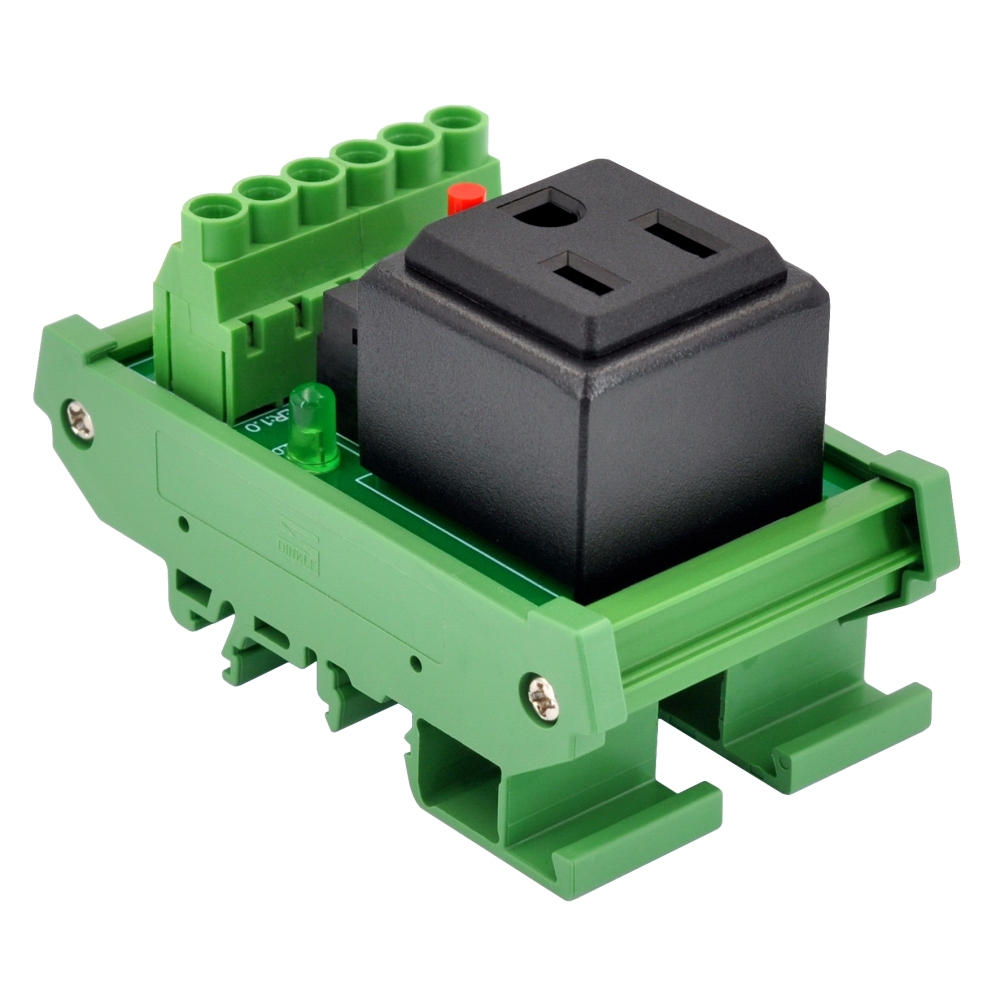 DIN Rail Mount AC 120V NEMA 5-15R Receptacle Outlet Power Module, with Resettable 6 Amp Circuit Breaker
