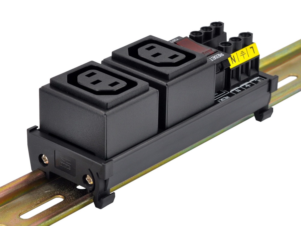 DIN Rail Mount AC 250V IEC320 C13 Double Receptacle Outlet Power Strip Module, with Rocker Switch Thermal Circuit Breaker Overload Protector