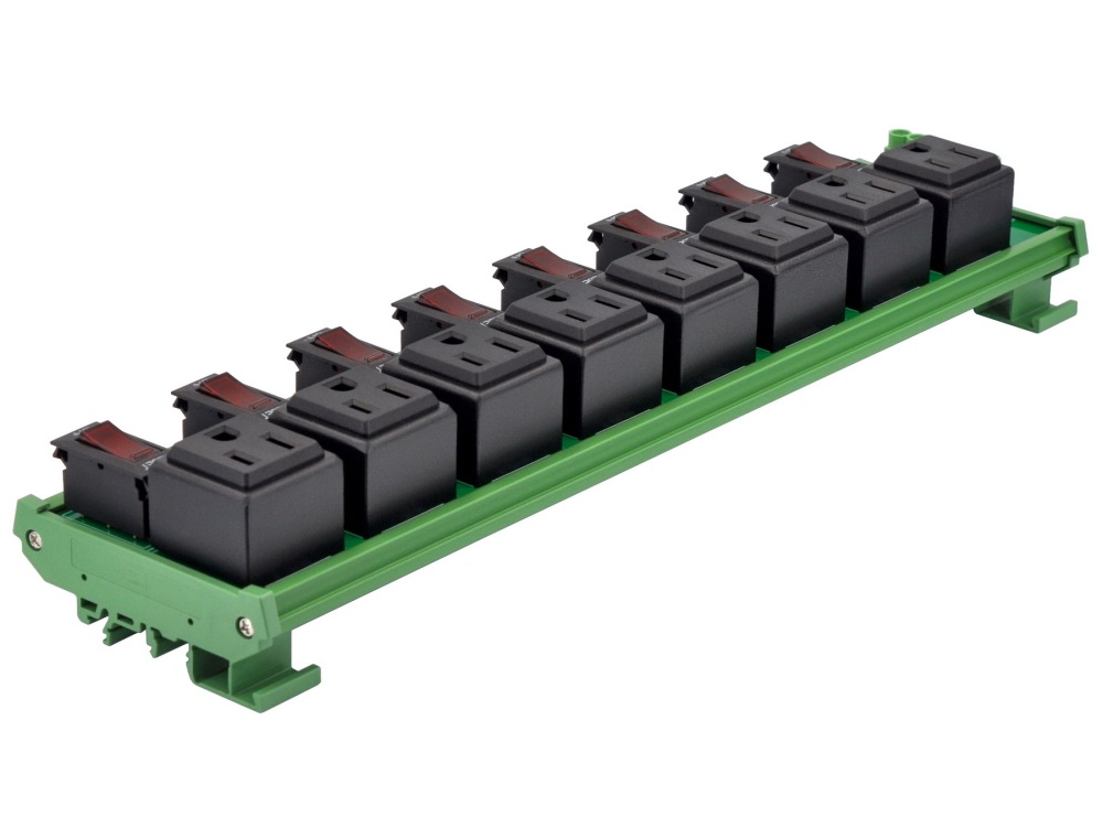 DIN Rail Mount AC 120V NEMA 5-15R 8 Receptacle Outlet Power Module, with Rocker Switch Thermal Circuit Breaker Overload Protector