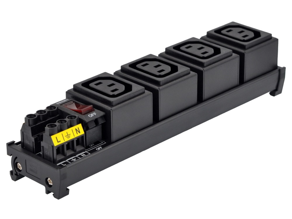 DIN Rail Mount AC 250V IEC320 C13 4 Receptacle Outlet Power Strip Module, with Rocker Switch Thermal Circuit Breaker Overload Protector