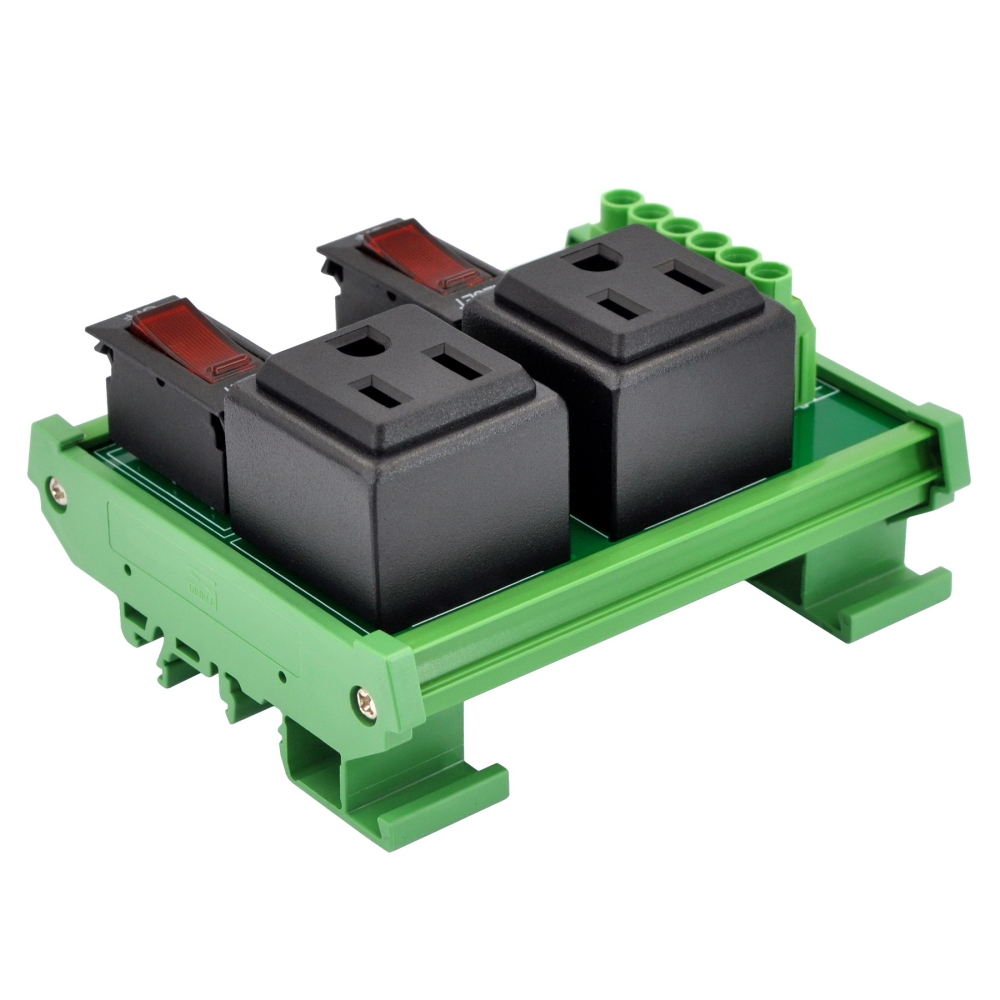 DIN Rail Mount AC 120V NEMA 5-15R 2 Receptacle Outlet Power Module, with Rocker Switch Thermal Circuit Breaker Overload Protector