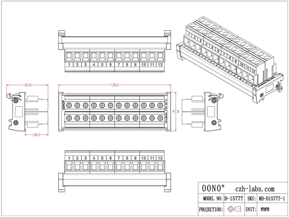 DIN Rail Mount 52Amp 300V 12 Position Screw Terminal Block Distribution Module