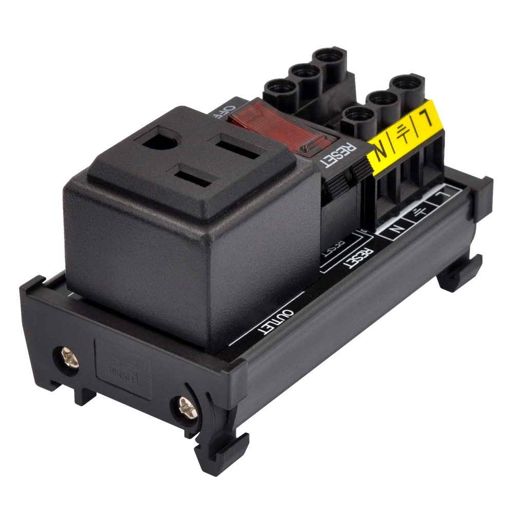 DIN Rail Mount AC 120V NEMA 5-15R Single Receptacle Outlet Power Strip Module, with Rocker Switch Thermal Circuit Breaker Overload Protector