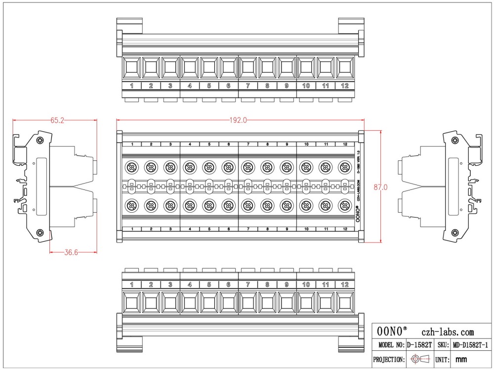 DIN Rail Mount 90Amp 600V 12 Position Screw Terminal Block Distribution Module