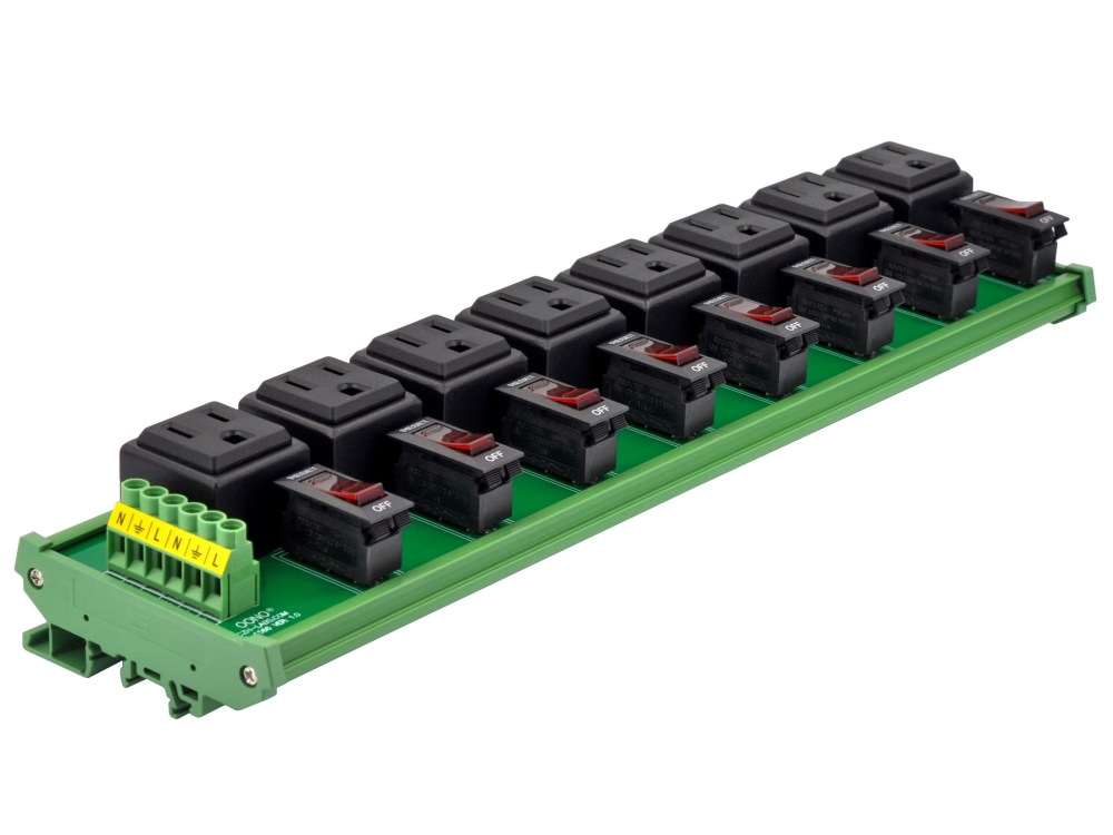 DIN Rail Mount AC 120V NEMA 5-15R 8 Receptacle Outlet Power Module, with Rocker Switch Thermal Circuit Breaker Overload Protector