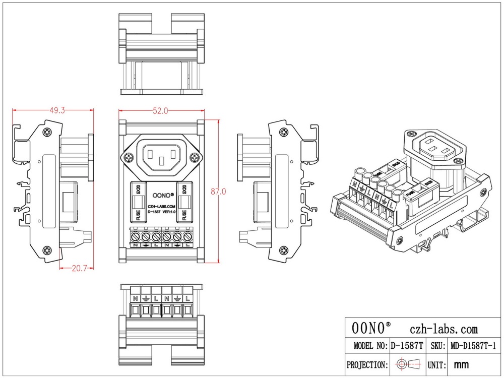DIN Rail Mount AC 250V IEC320 C13 Receptacle Outlet Power Module, with Dual 6.3Amp Fuse Protection