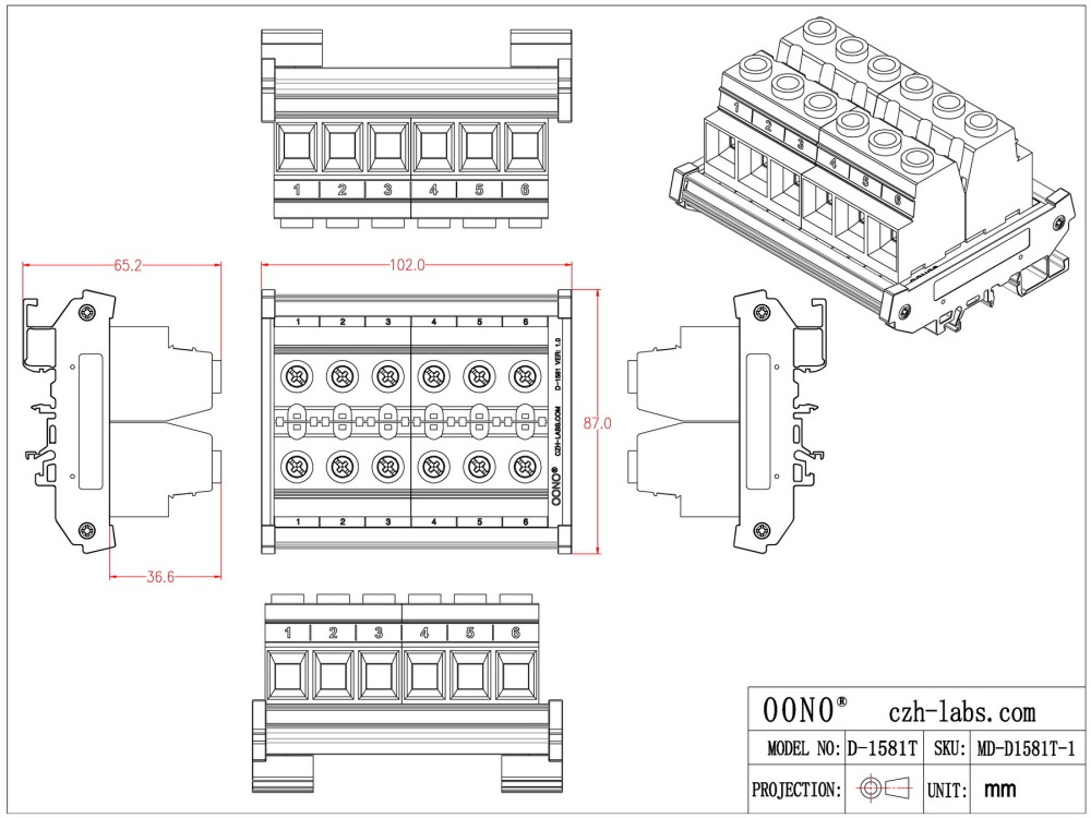 DIN Rail Mount 90Amp 600V 6 Position Screw Terminal Block Distribution Module