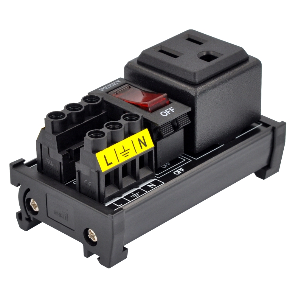 DIN Rail Mount AC 120V NEMA 5-15R Single Receptacle Outlet Power Strip Module, with Rocker Switch Thermal Circuit Breaker Overload Protector