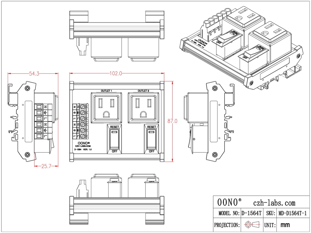 DIN Rail Mount AC 120V NEMA 5-15R 2 Receptacle Outlet Power Module ...