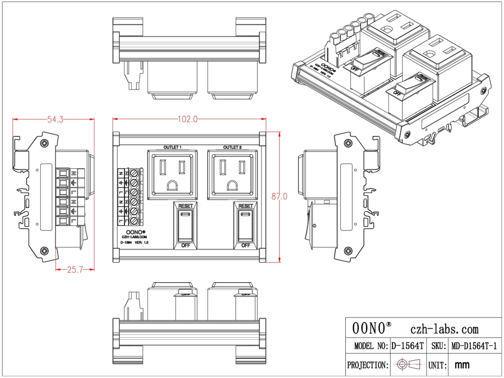 DIN Rail Mount AC 120V NEMA 5-15R 2 Receptacle Outlet Power Module, with Rocker Switch Thermal Circuit Breaker Overload Protector