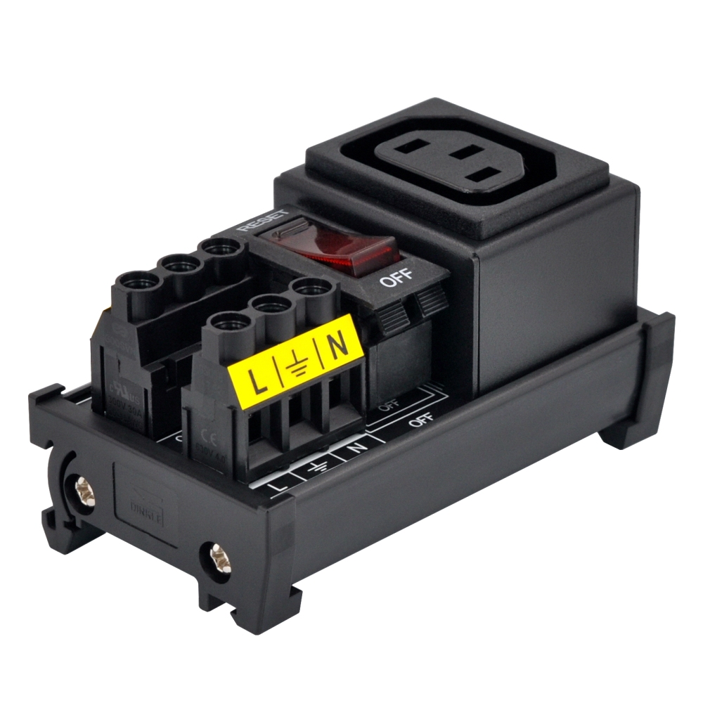DIN Rail Mount AC 250V IEC320 C13 Single Receptacle Outlet Power Strip Module, with Rocker Switch Thermal Circuit Breaker Overload Protector
