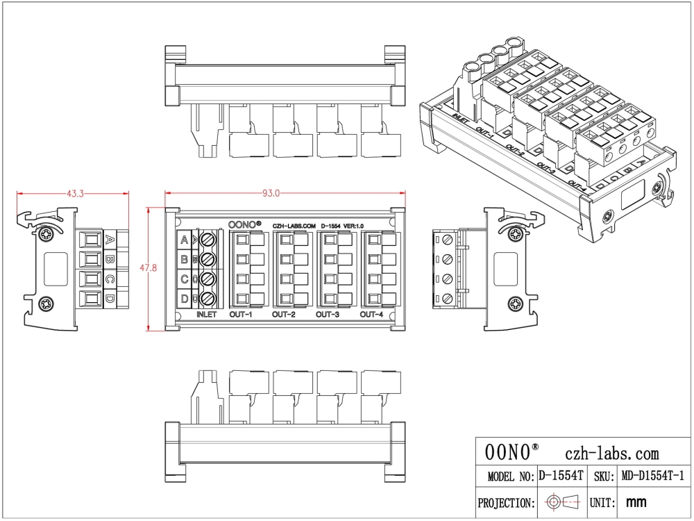 DIN Rail Mount 30A/300V 4x4 Position Pluggable Terminal Block Distribution Module, OONO D-1554T