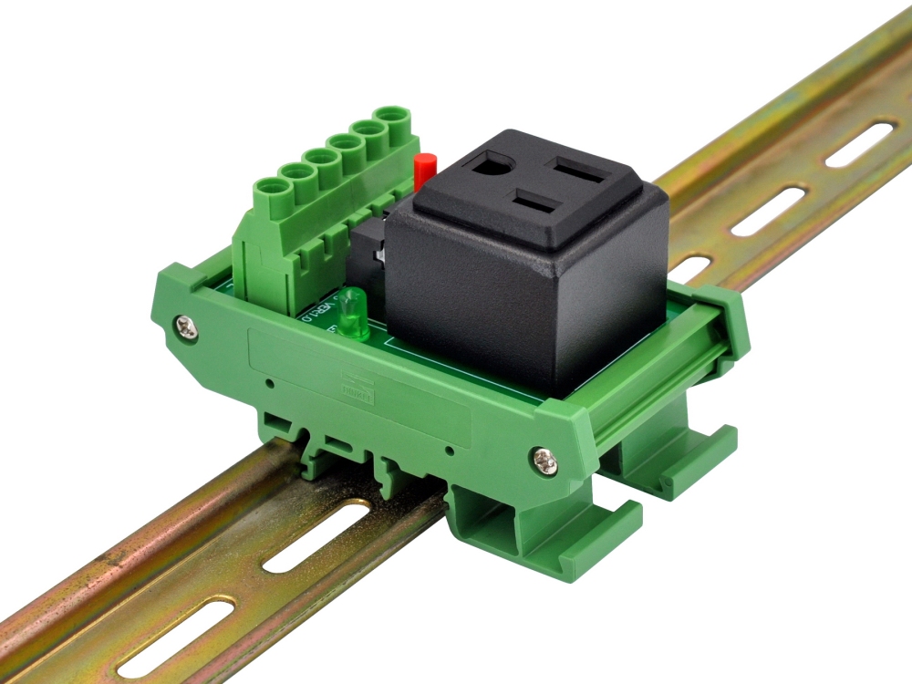DIN Rail Mount AC 120V NEMA 5-15R Receptacle Outlet Power Module, with Resettable 6 Amp Circuit Breaker