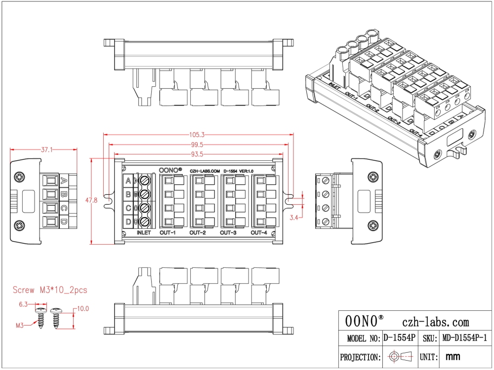 Screw Mount 30A/300V 4x4 Position Pluggable Terminal Block Distribution Module, OONO D-1554P