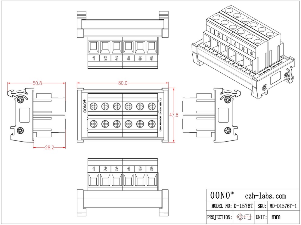DIN Rail Mount 52Amp 300V 6 Position Screw Terminal Block Distribution Module