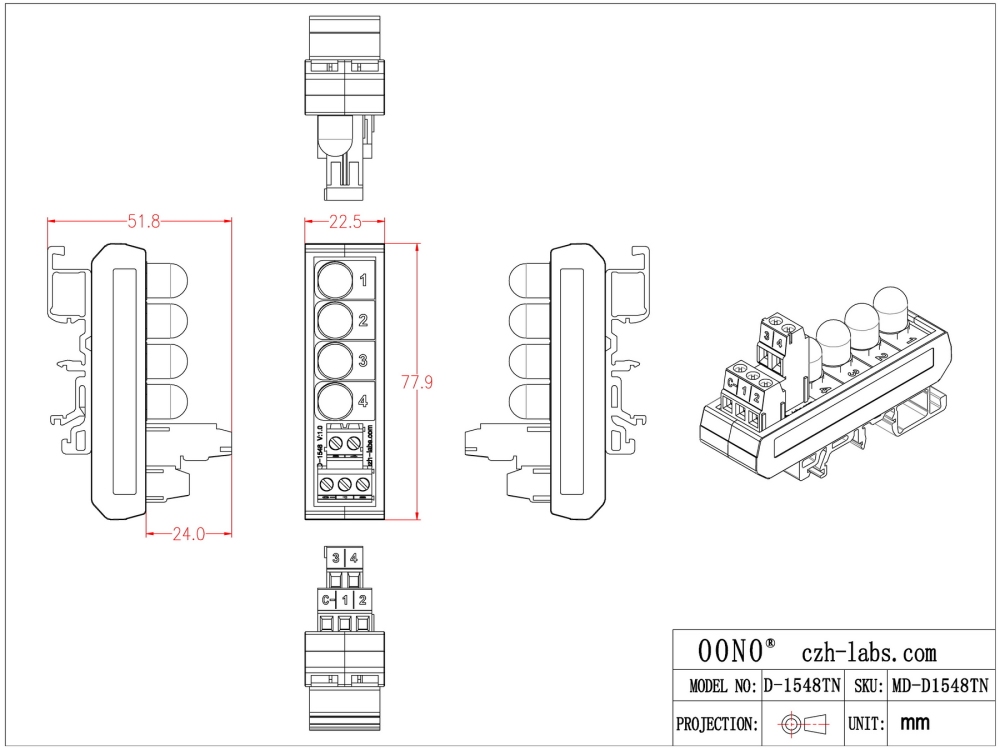 DIN Rail Mount DC 5-32V Common Negative 4 Red 10mm LED Indicator Light Module
