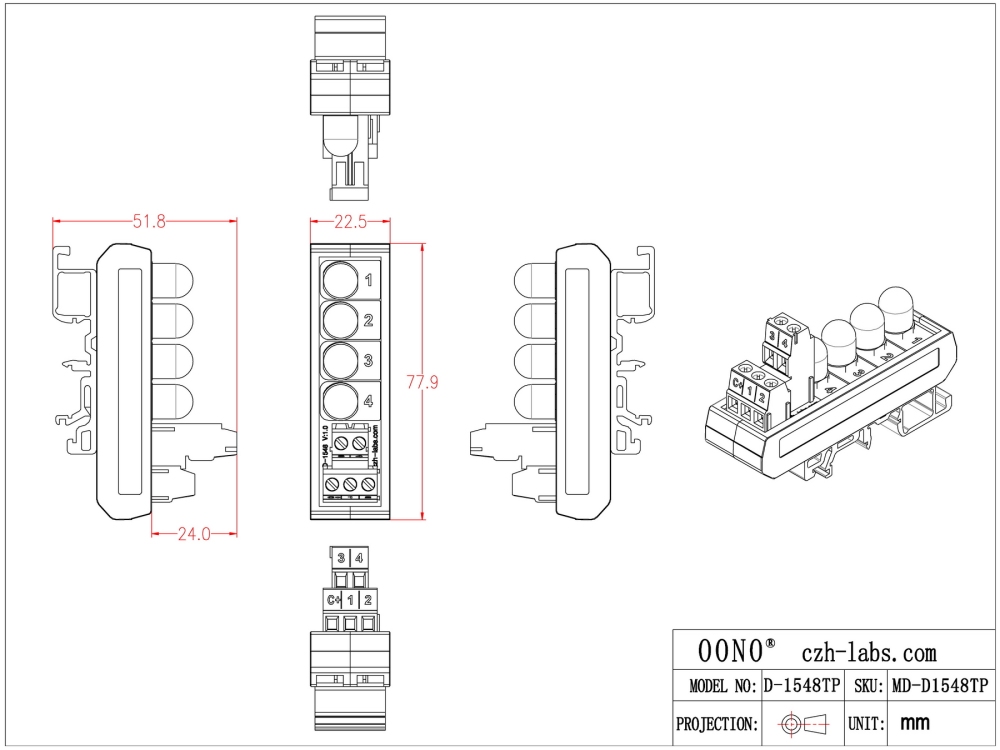 DIN Rail Mount DC 5-32V Common Positive 4 Red 10mm LED Indicator Light Module