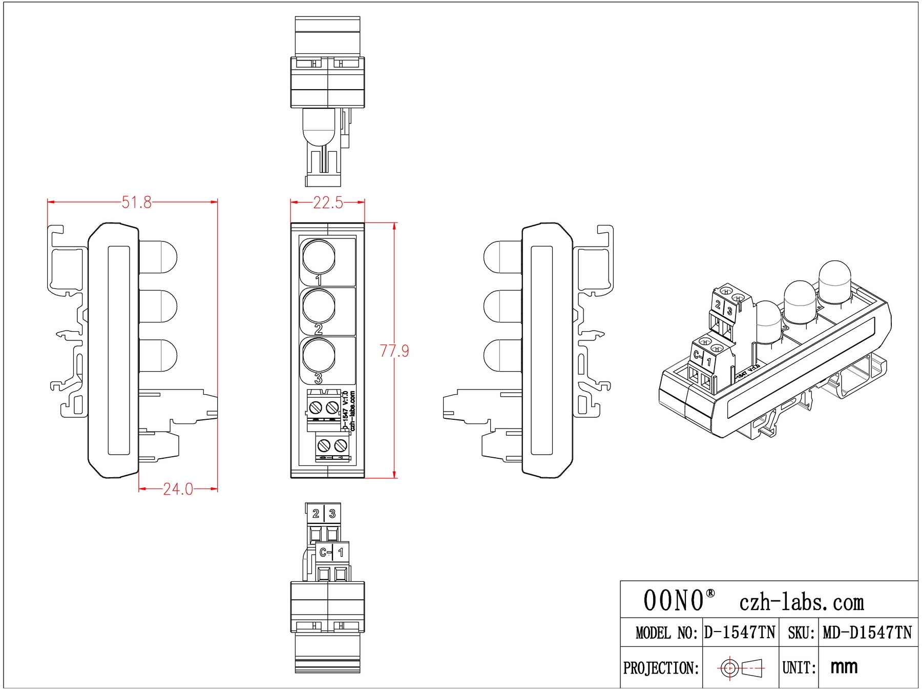 DIN Rail Mount DC 5-32V Common Negative 3 Red 10mm LED Indicator Light Module