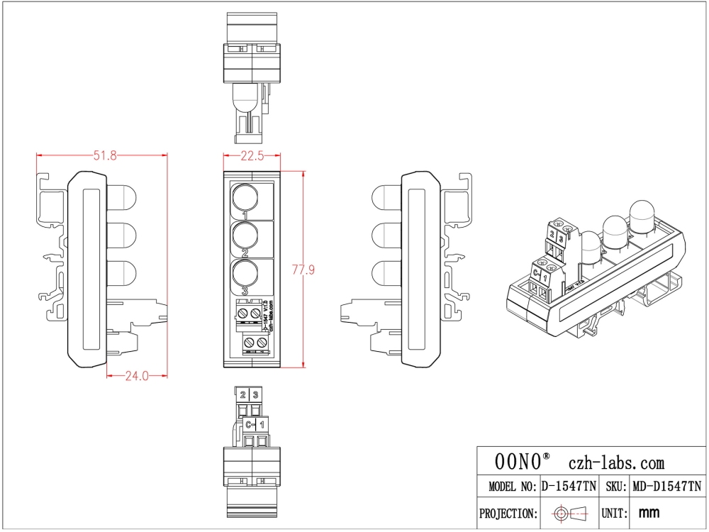 DIN Rail Mount DC 5-32V Common Negative 3 Red 10mm LED Indicator Light Module