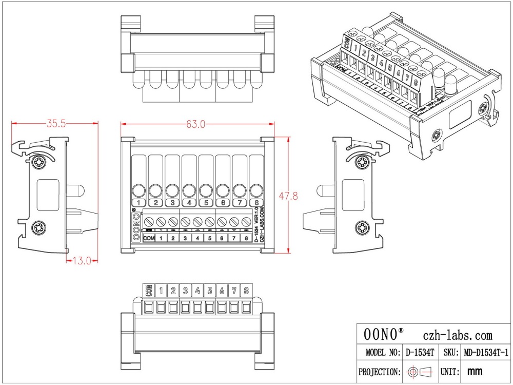 DIN Rail Mount 8 Yellow LED Indicator Light Module, Support 5-50VDC Common Positive and Negative