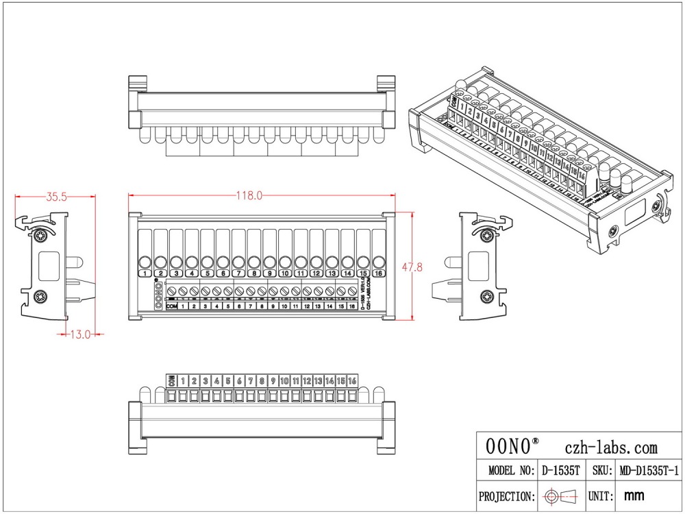 DIN Rail Mount 16 Yellow LED Indicator Light Module, Support 5-50VDC Common Positive and Negative