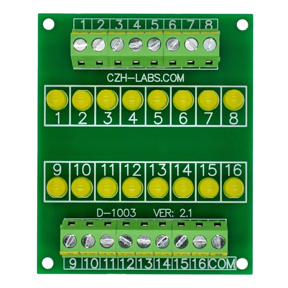 16 LEDs Indicator Light Board, Yellow, Support 5~50VDC Common Positive/Negative