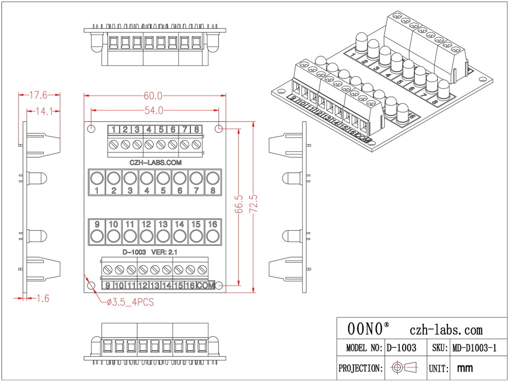 16 LEDs Indicator Light Board, Red, Support 5~50VDC Common Positive/Negative.
