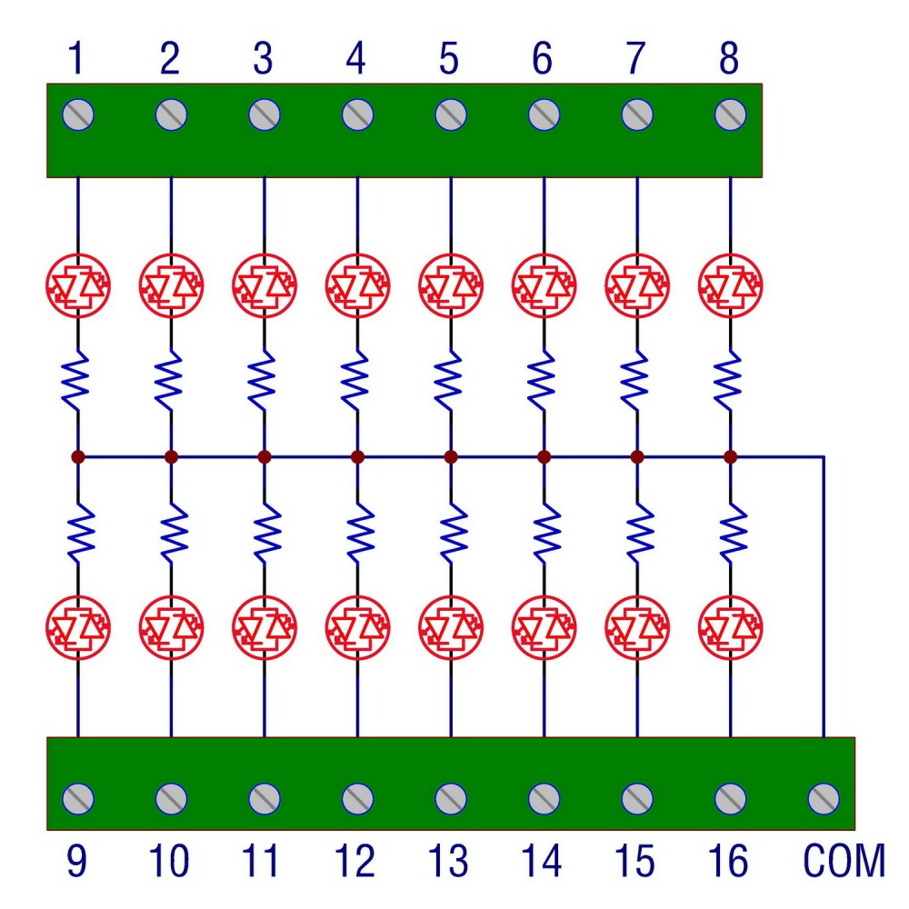 16 LEDs Indicator Light Board, Green, Support 5~50VDC Common Positive/Negative