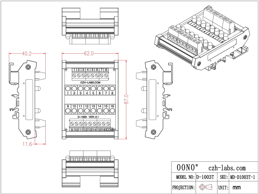 DIN Rail Mount 16 LEDs Indicator Light Module, Red, Support 5~50VDC Common Positive/Negative
