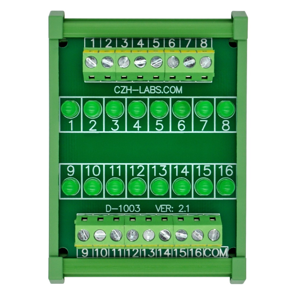 DIN Rail Mount 16 LEDs Indicator Light Module, Green, Support 5~50VDC Common Positive/Negative
