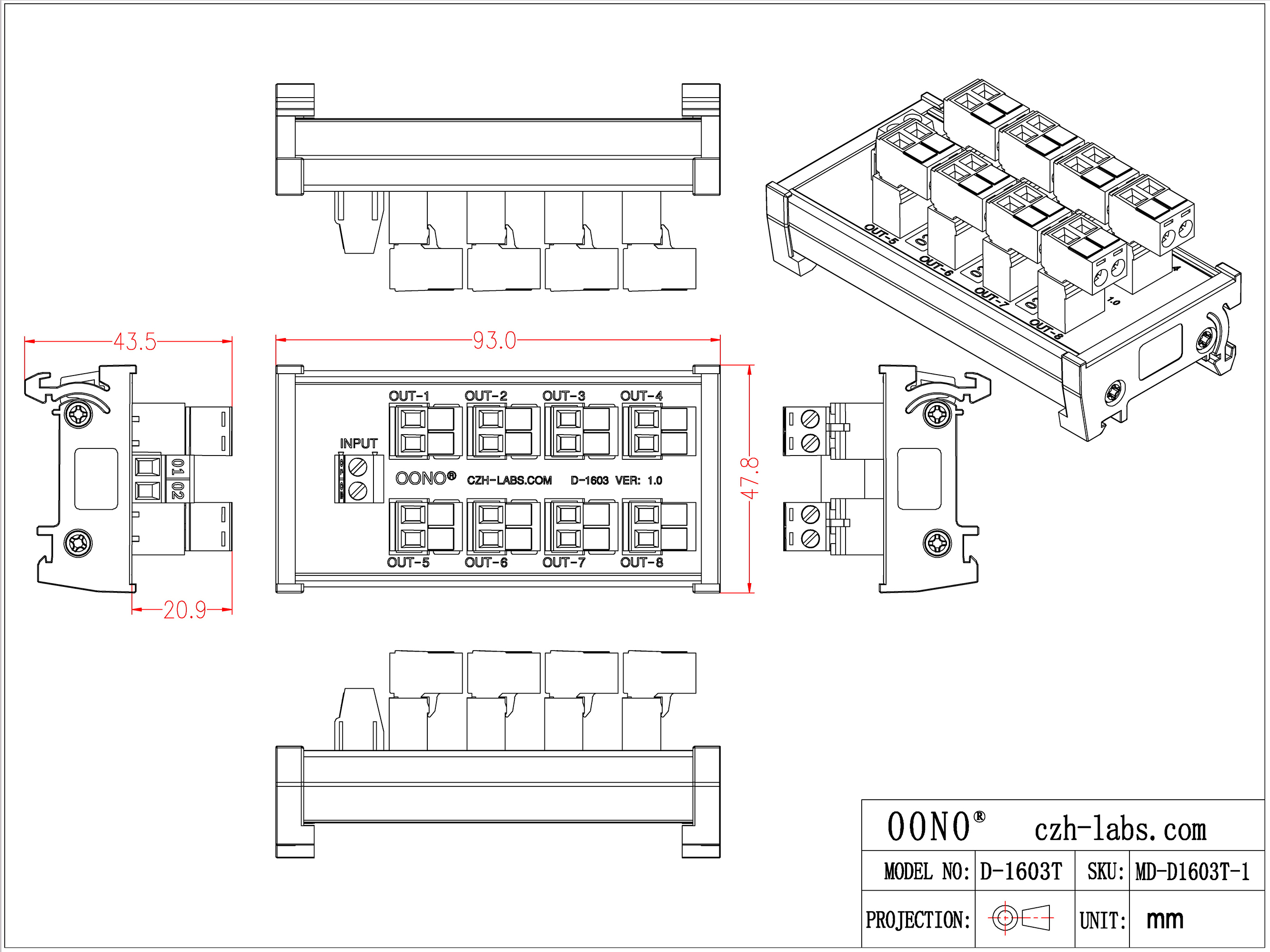 DIN Rail Mount 10A/300V 8x2 Pole Pluggable Screw Terminal Block Distribution Module