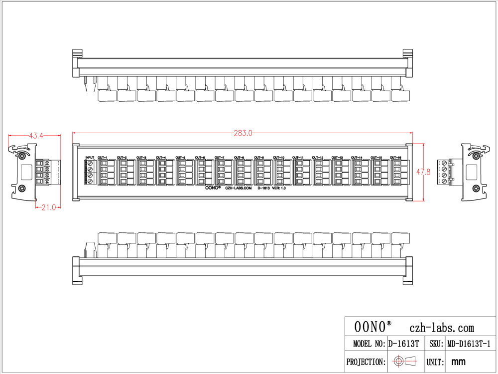 DIN Rail Mount 10A/300V 16x4 Pole Pluggable Screw Terminal Block Distribution Module