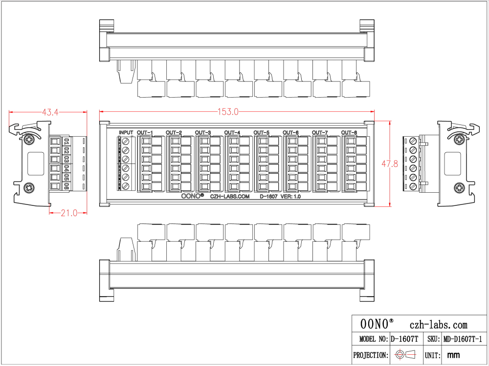 DIN Rail Mount 10A/300V 8x6 Pole Pluggable Screw Terminal Block Distribution Module