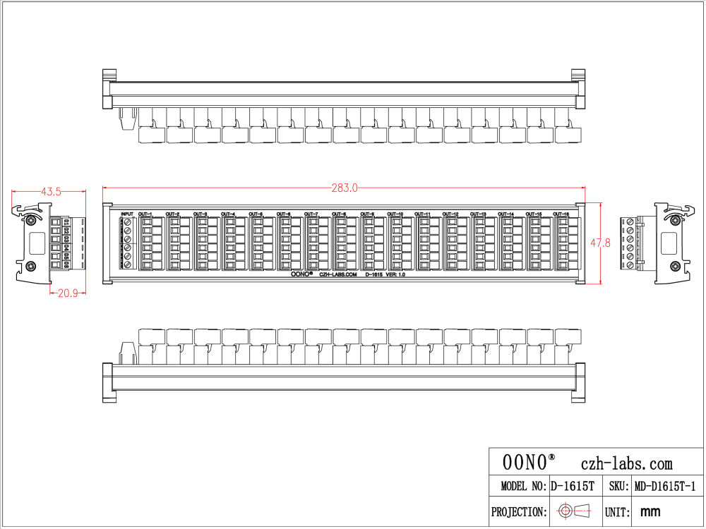 DIN Rail Mount 10A/300V 16x6 Pole Pluggable Screw Terminal Block Distribution Module