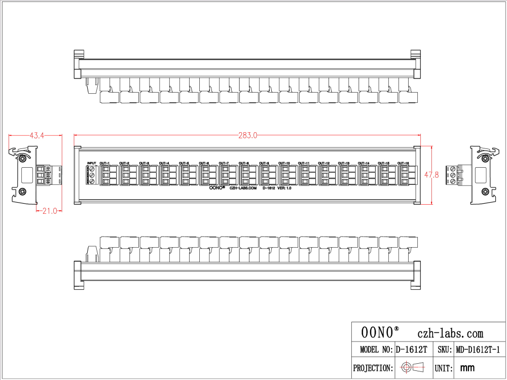 DIN Rail Mount 10A/300V 16x3 Pole Pluggable Screw Terminal Block Distribution Module