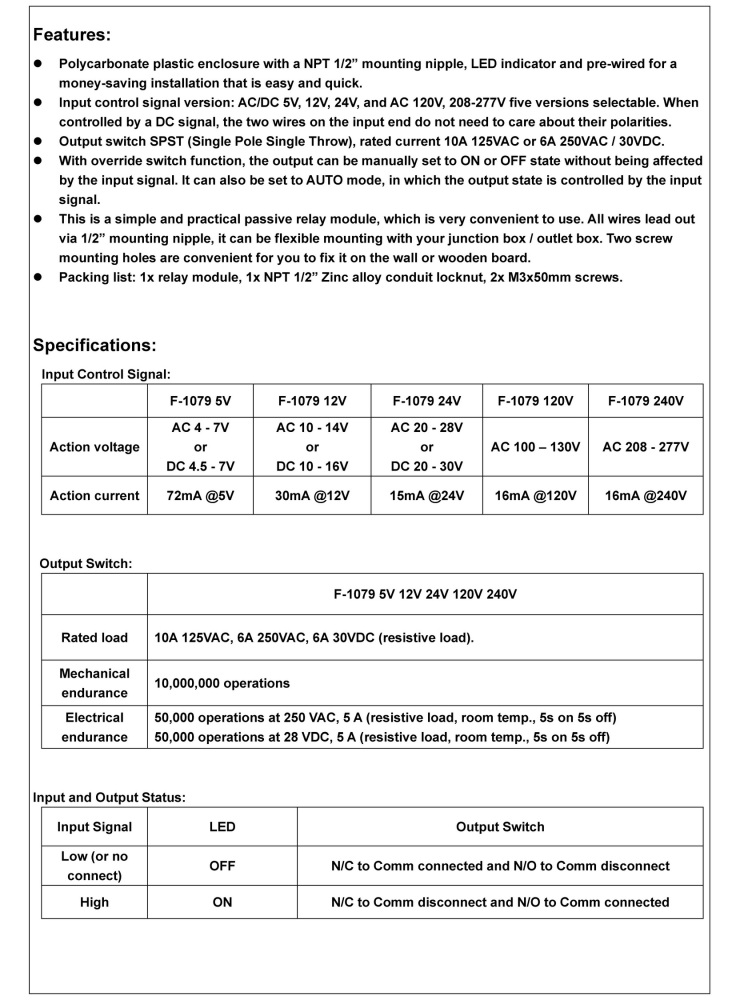 AC/DC 24V Power Relay Module SPSP-NO + Override Switch, 10Amp 125VAC, 6A 250VAC/30Vdc, Plastic Enclosure and Pre-wired, OONO F-1079