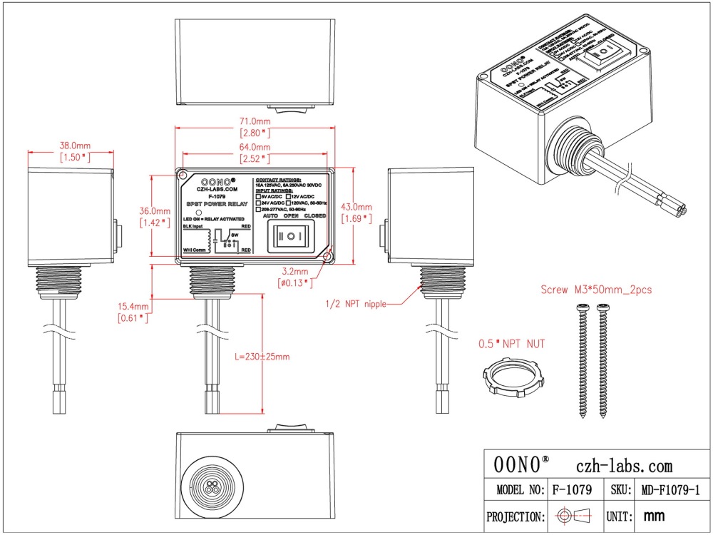 AC/DC 12V Power Relay Module SPSP-NO + Override Switch, 10Amp 125VAC, 6A 250VAC/30Vdc, Plastic Enclosure and Pre-wired, OONO F-1079