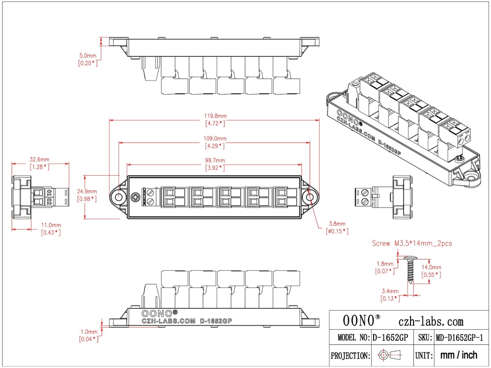 16Amp 300V 2x6 Position Pluggable Terminal Block Distribution Module. OONO D-1652GP