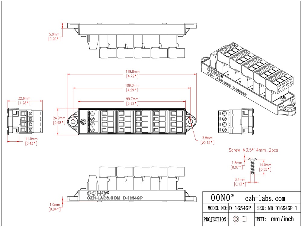 16Amp 300V 4x6 Position Pluggable Terminal Block Distribution Module. OONO D-1654GP