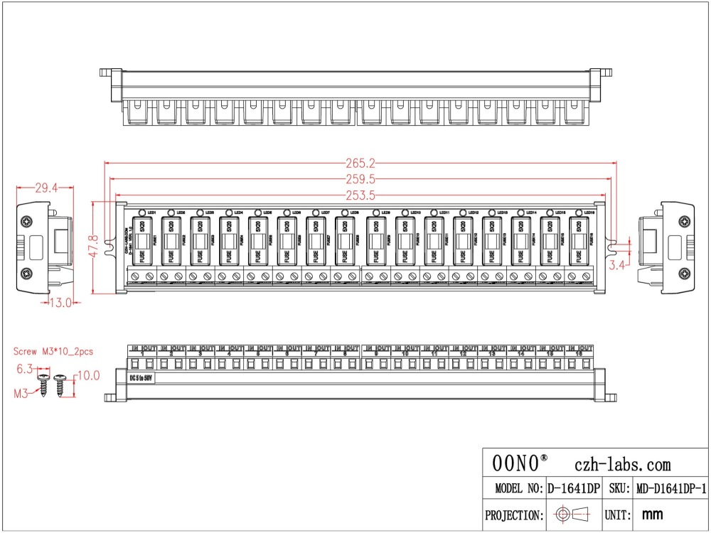 Screw Mount DC 5 - 50V 16 Channel Fuse Module, OONO D-1641DP