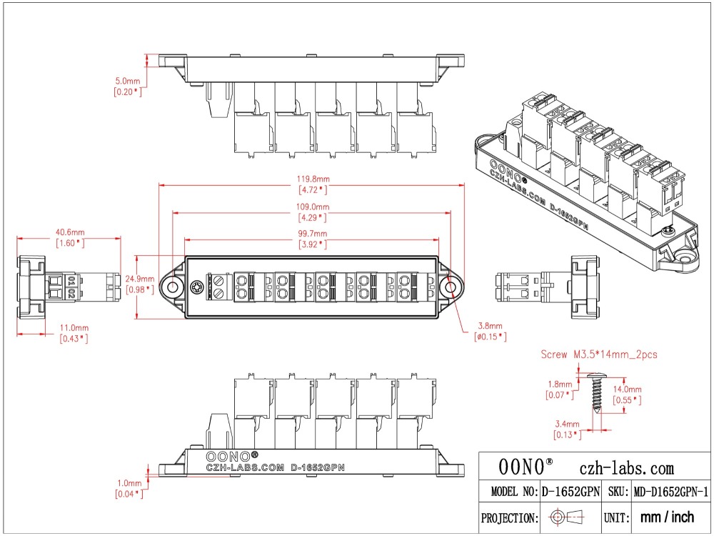 16Amp 300V 2x6 Position Pluggable Screwless Terminal Block Distribution Module. OONO D-1652GPN